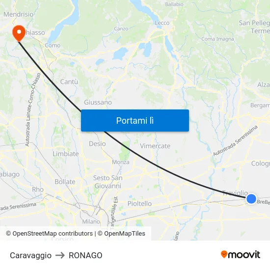 Caravaggio to RONAGO map