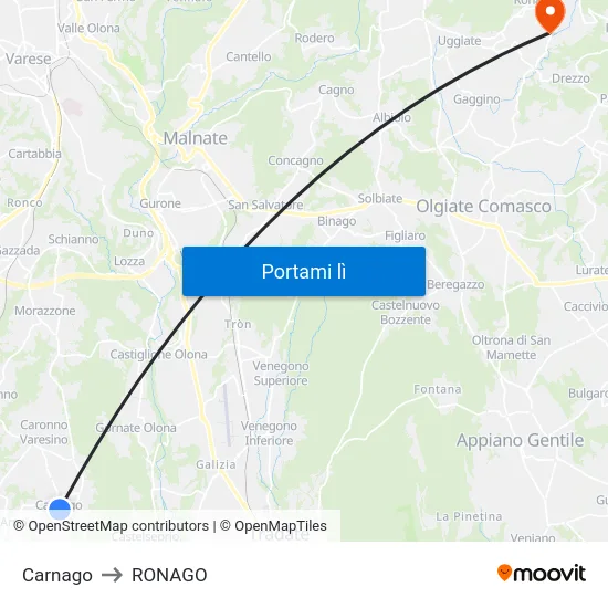 Carnago to RONAGO map