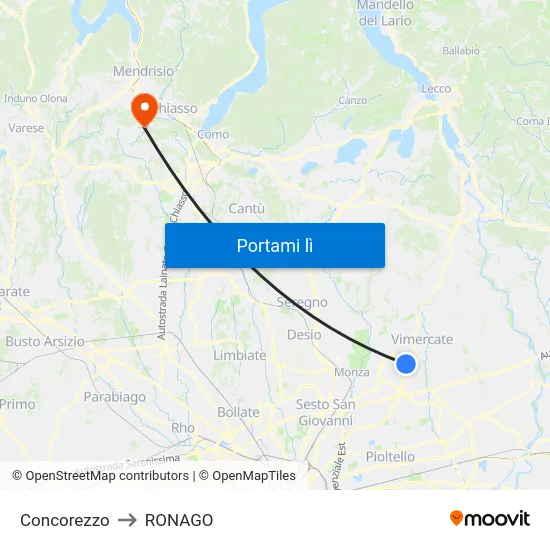 Concorezzo to RONAGO map