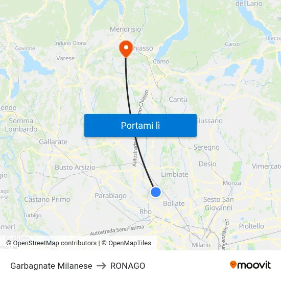 Garbagnate Milanese to RONAGO map