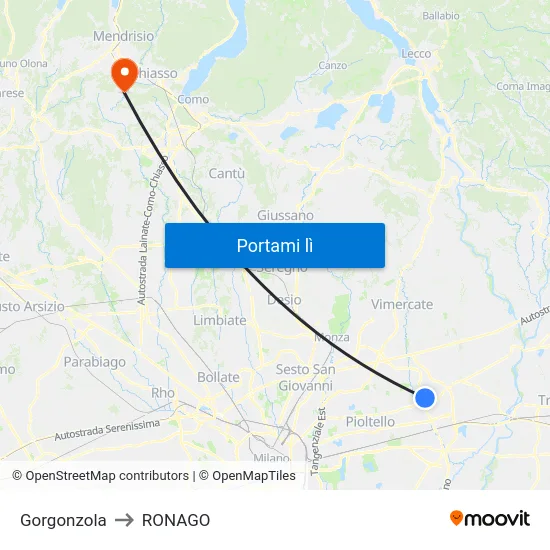 Gorgonzola to RONAGO map