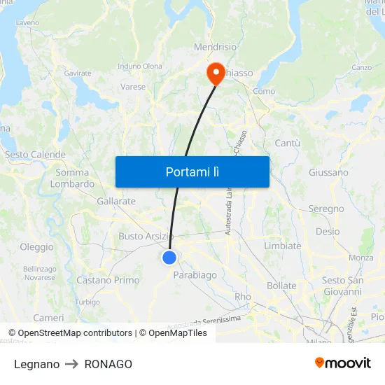 Legnano to RONAGO map