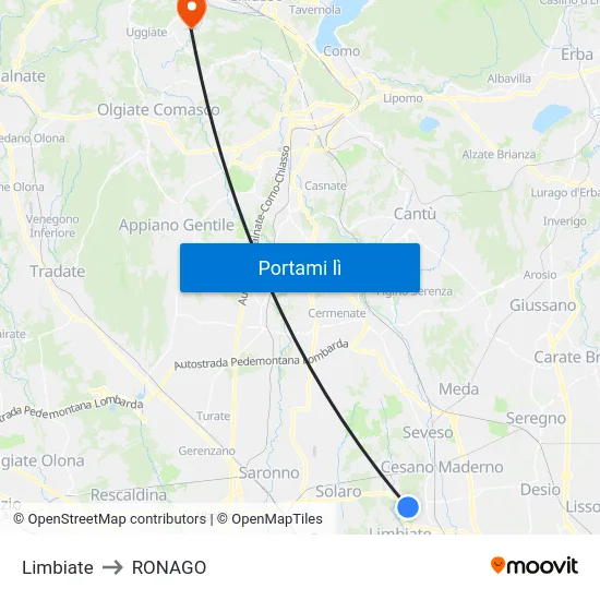 Limbiate to RONAGO map