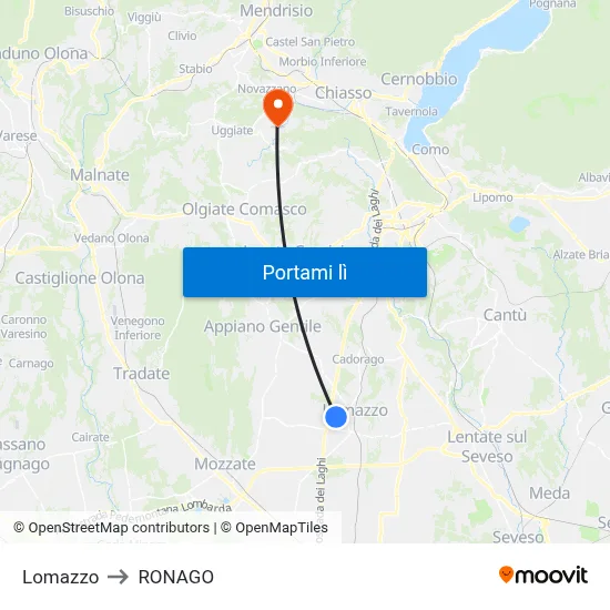 Lomazzo to RONAGO map