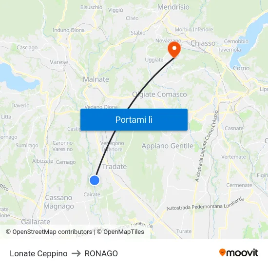 Lonate Ceppino to RONAGO map