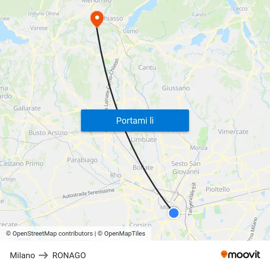 Milano to RONAGO map