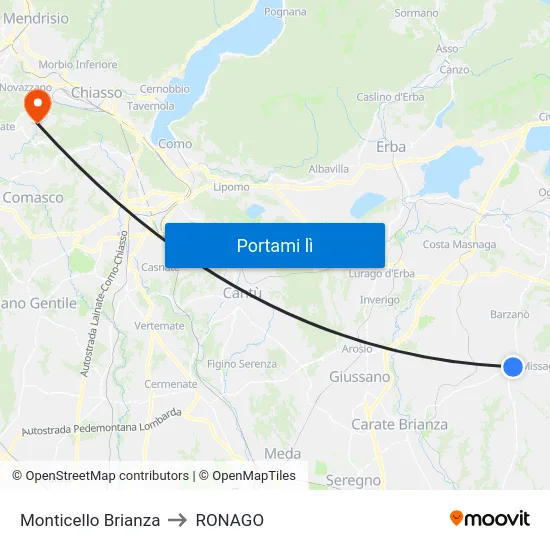 Monticello Brianza to RONAGO map