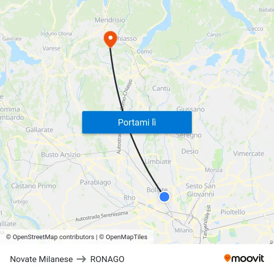 Novate Milanese to RONAGO map