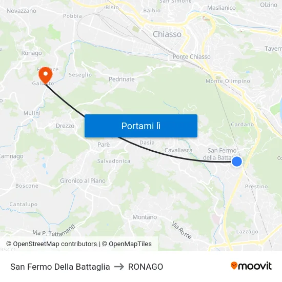 San Fermo Della Battaglia to RONAGO map