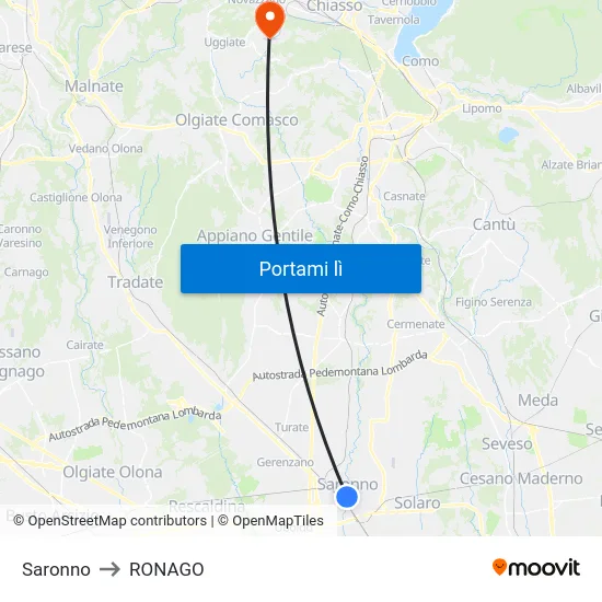 Saronno to RONAGO map