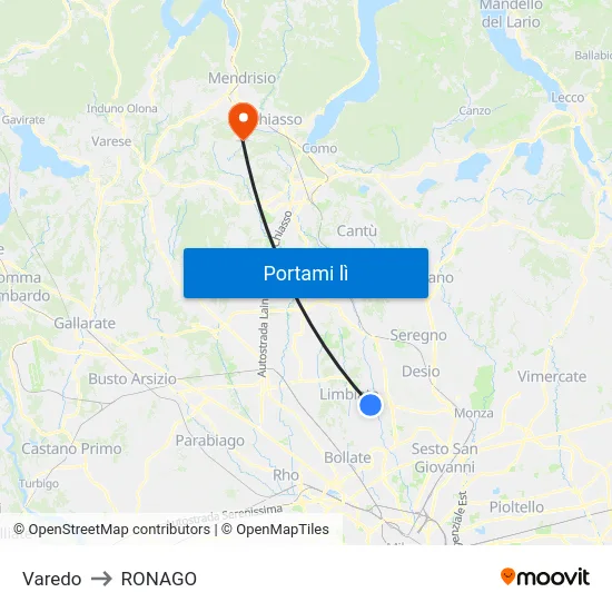 Varedo to RONAGO map