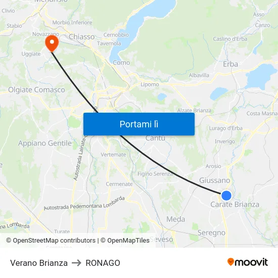 Verano Brianza to RONAGO map
