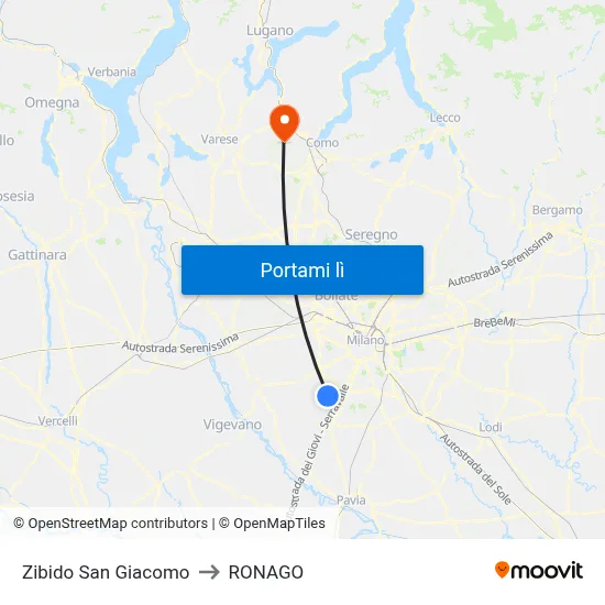 Zibido San Giacomo to RONAGO map