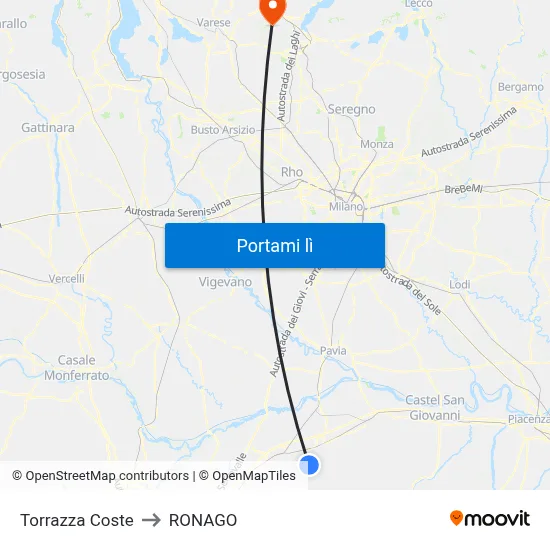 Torrazza Coste to RONAGO map