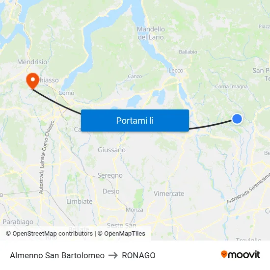 Almenno San Bartolomeo to RONAGO map