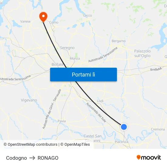 Codogno to RONAGO map