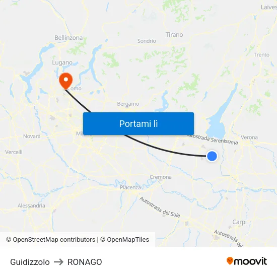 Guidizzolo to RONAGO map