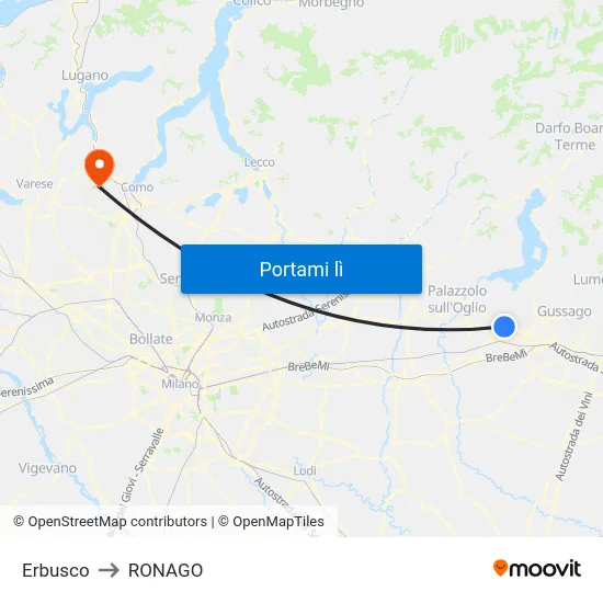 Erbusco to RONAGO map