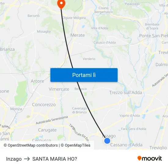 Inzago to SANTA MARIA HO? map