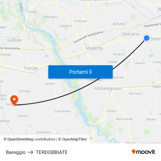 Bareggio to TERDOBBIATE map