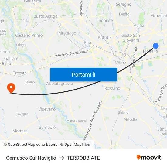 Cernusco Sul Naviglio to TERDOBBIATE map