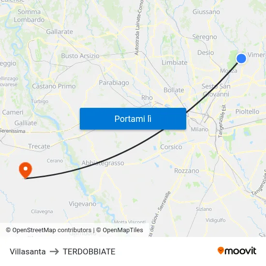 Villasanta to TERDOBBIATE map