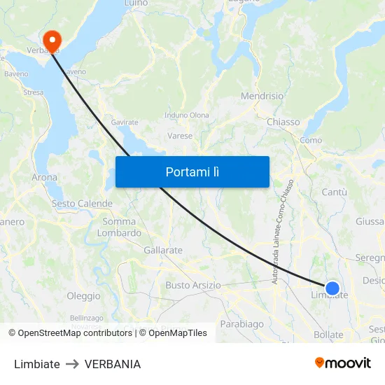Limbiate to VERBANIA map