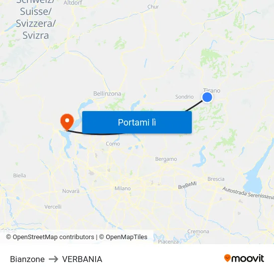 Bianzone to VERBANIA map