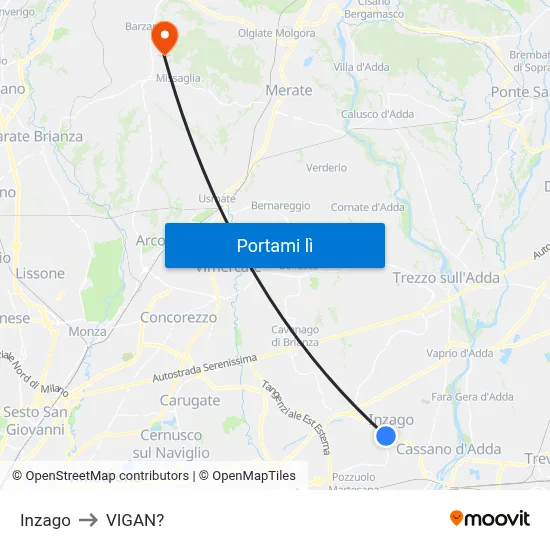 Inzago to VIGAN? map