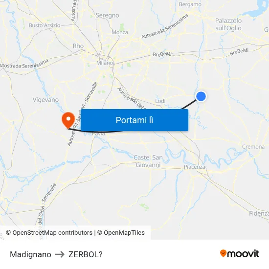Madignano to ZERBOL? map