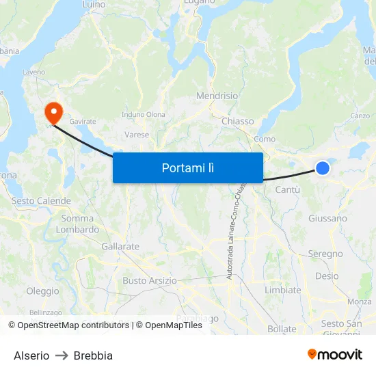 Alserio to Brebbia map
