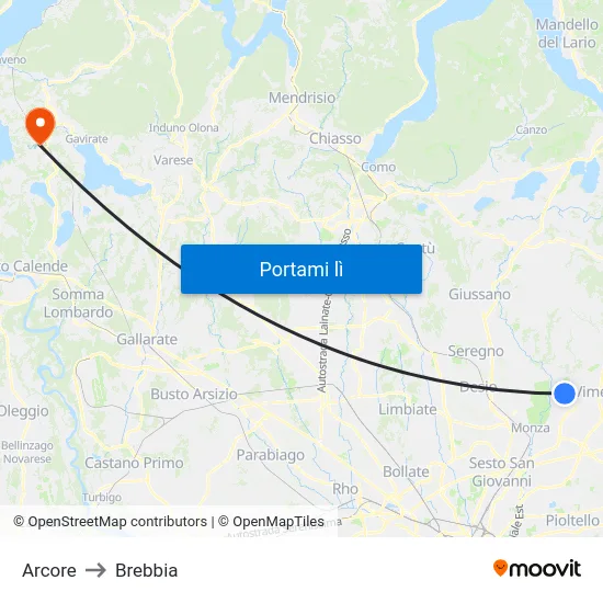 Arcore to Brebbia map