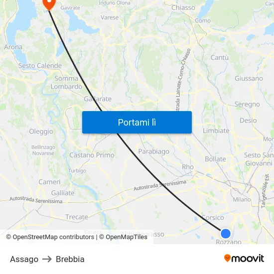 Assago to Brebbia map