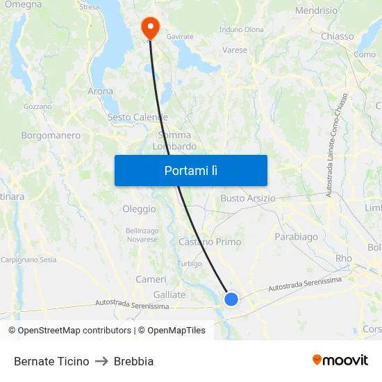 Bernate Ticino to Brebbia map