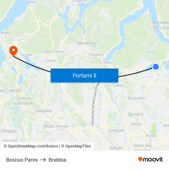 Bosisio Parini to Brebbia map