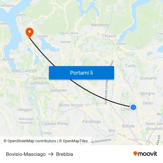 Bovisio-Masciago to Brebbia map