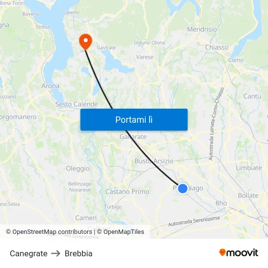 Canegrate to Brebbia map