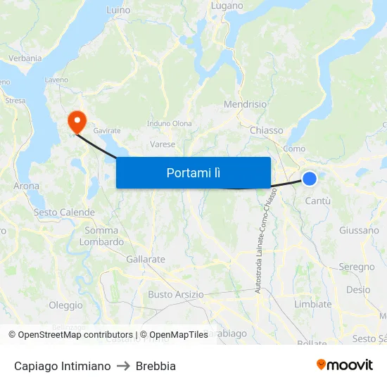 Capiago Intimiano to Brebbia map