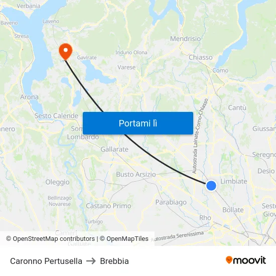 Caronno Pertusella to Brebbia map