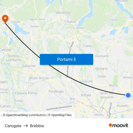 Carugate to Brebbia map