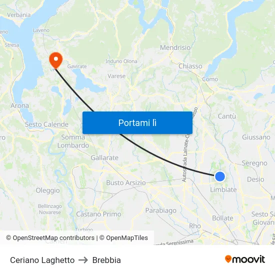 Ceriano Laghetto to Brebbia map