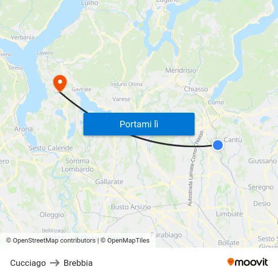 Cucciago to Brebbia map
