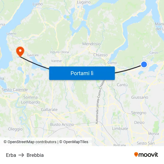 Erba to Brebbia map