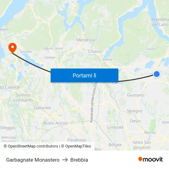 Garbagnate Monastero to Brebbia map