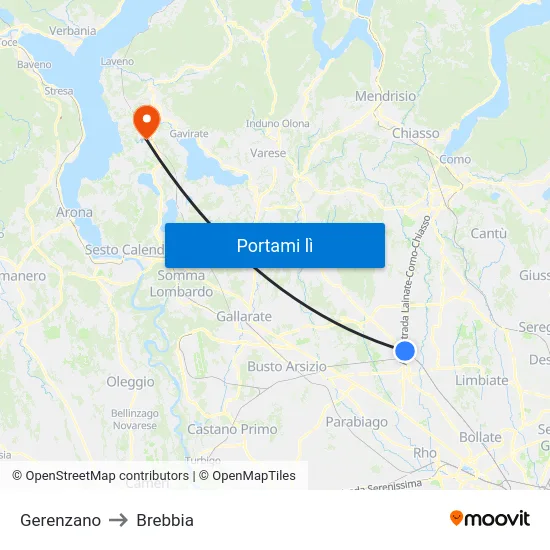 Gerenzano to Brebbia map