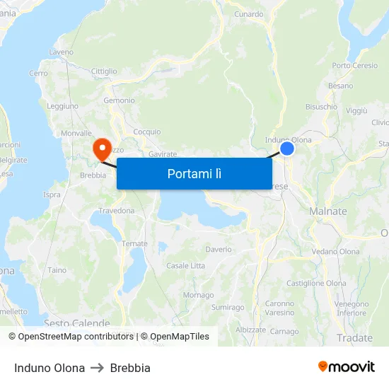 Induno Olona to Brebbia map