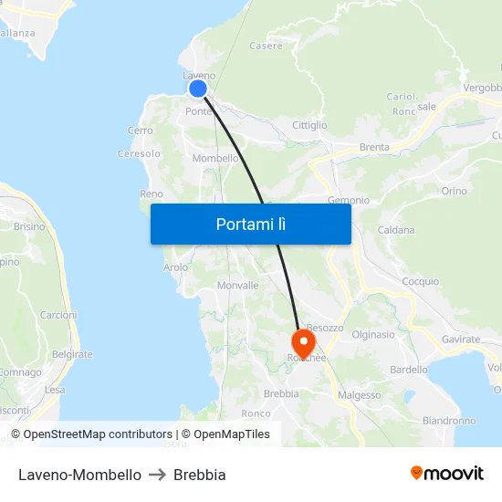 Laveno-Mombello to Brebbia map