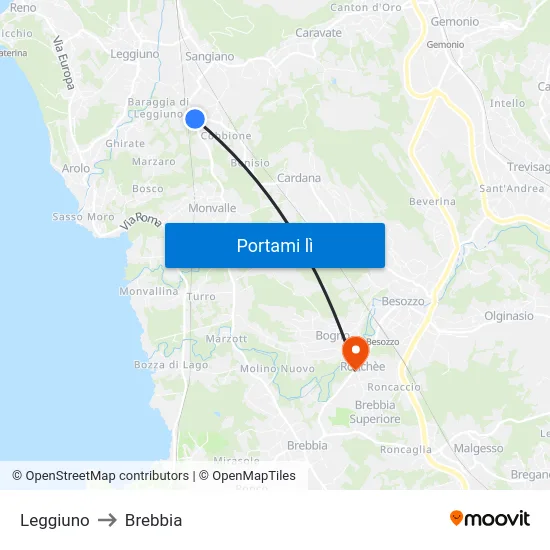 Leggiuno to Brebbia map