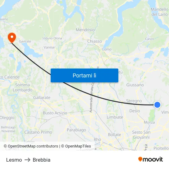 Lesmo to Brebbia map