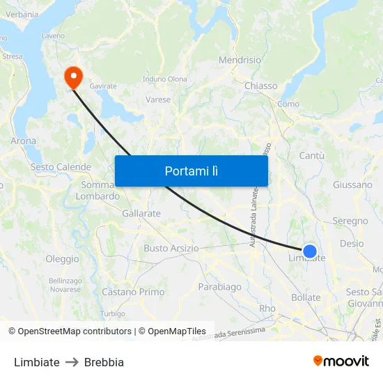 Limbiate to Brebbia map